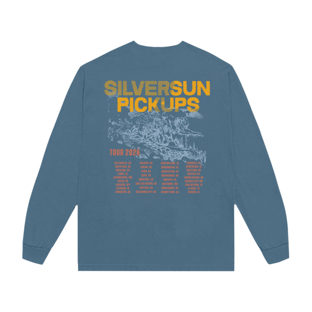 Blue long-sleeve shirt with 'Silversun Pickups' text and tour information on a white background