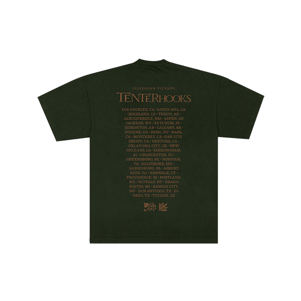 Green t-shirt with a brown forest graphic and 'Tenterhooks' text on a white background with 2026 tour stops on back