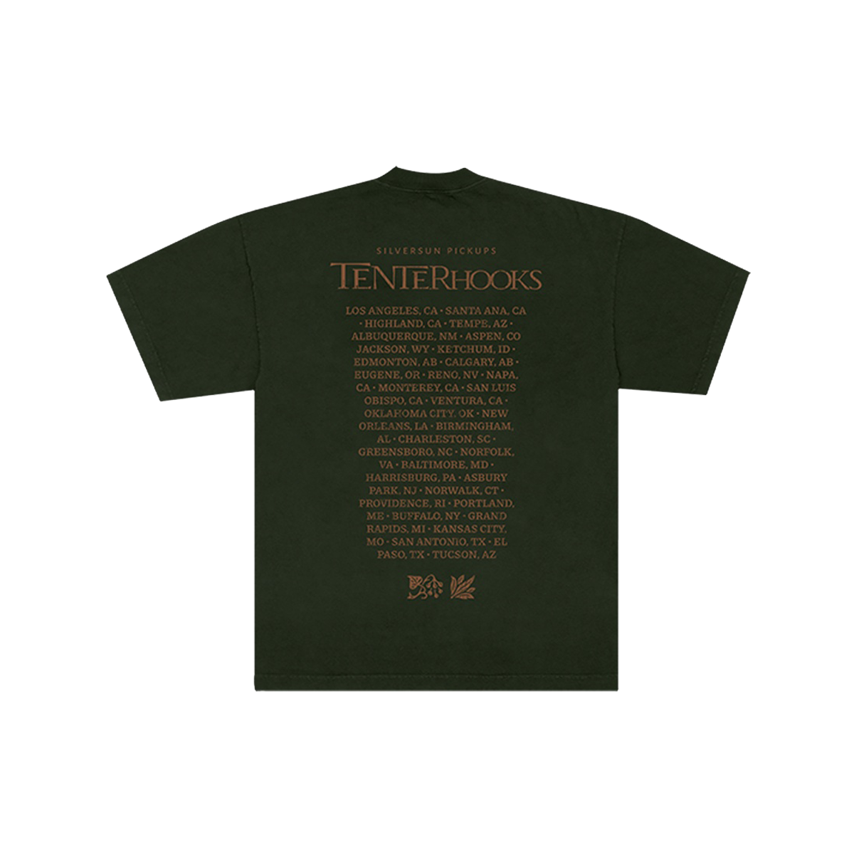 Green t-shirt with a brown forest graphic and 'Tenterhooks' text on a white background with 2026 tour stops on back