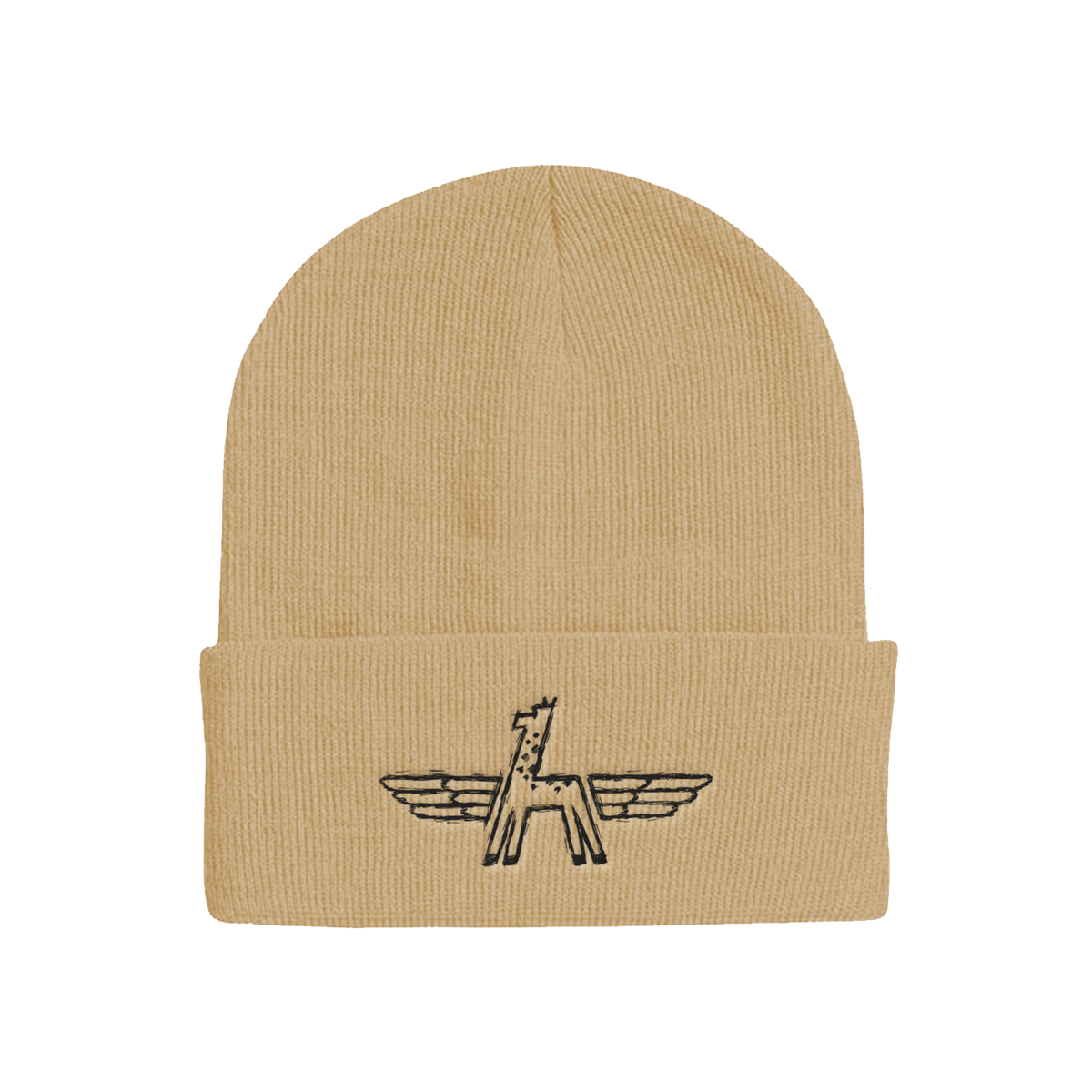 Beige beanie with a logo on a white background