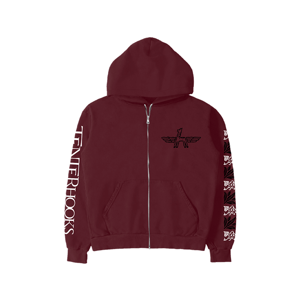 Maroon hoodie with branding on a white background