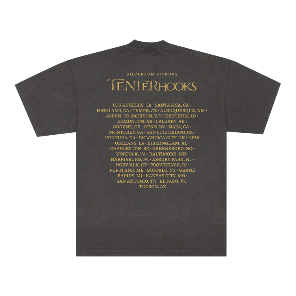 Black t-shirt with gold text on a white background