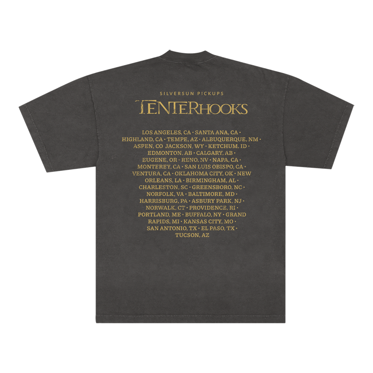 Black t-shirt with gold text on a white background
