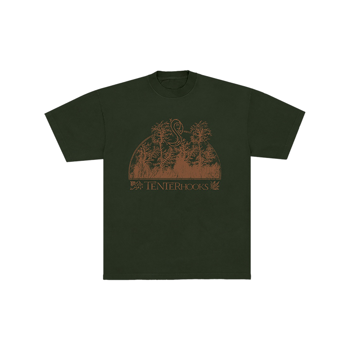 Green t-shirt with a brown forest graphic and 'Tenterhooks' text on a white background