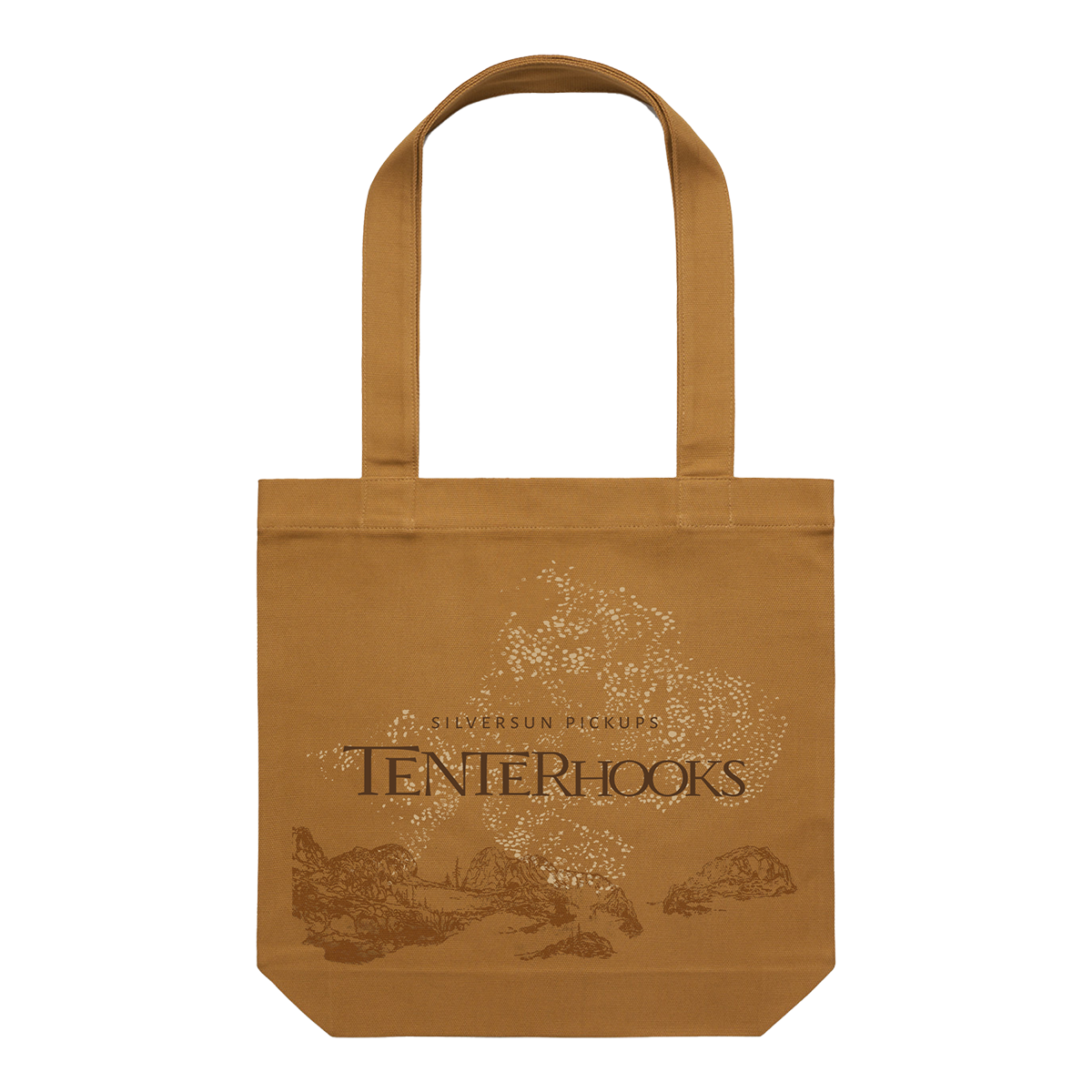 Brown tote bag with 'Tenterhooks' branding on a white background